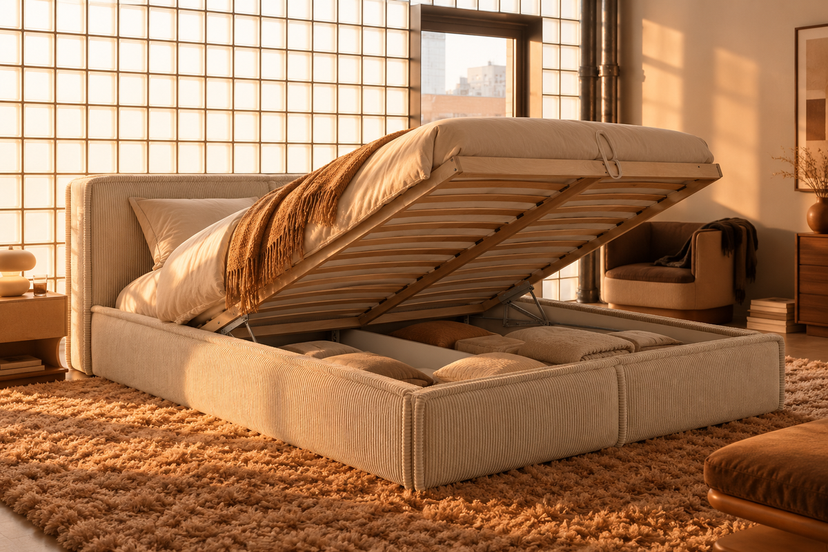 Lit coffre Nolia beige - coffre de rangement ouvert | Square Paris