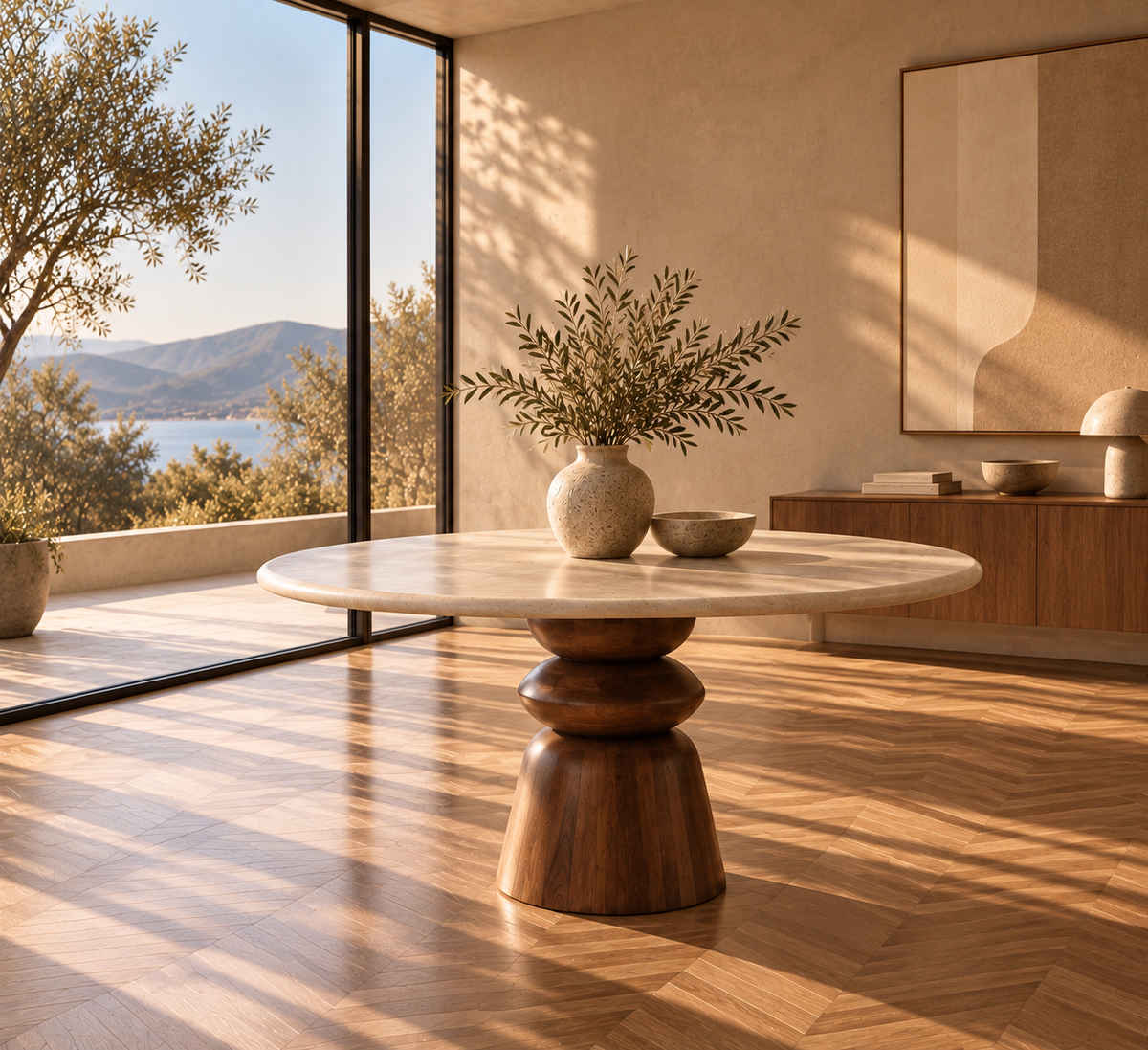 Table ronde Kaze en marbre beige et bois de manguier - vue 14 | Square Paris